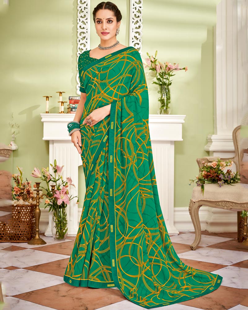 Vishal Prints Dark Sea Green Printed Georgette Saree With Fancy Border