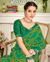 Vishal Prints Dark Sea Green Printed Georgette Saree With Fancy Border