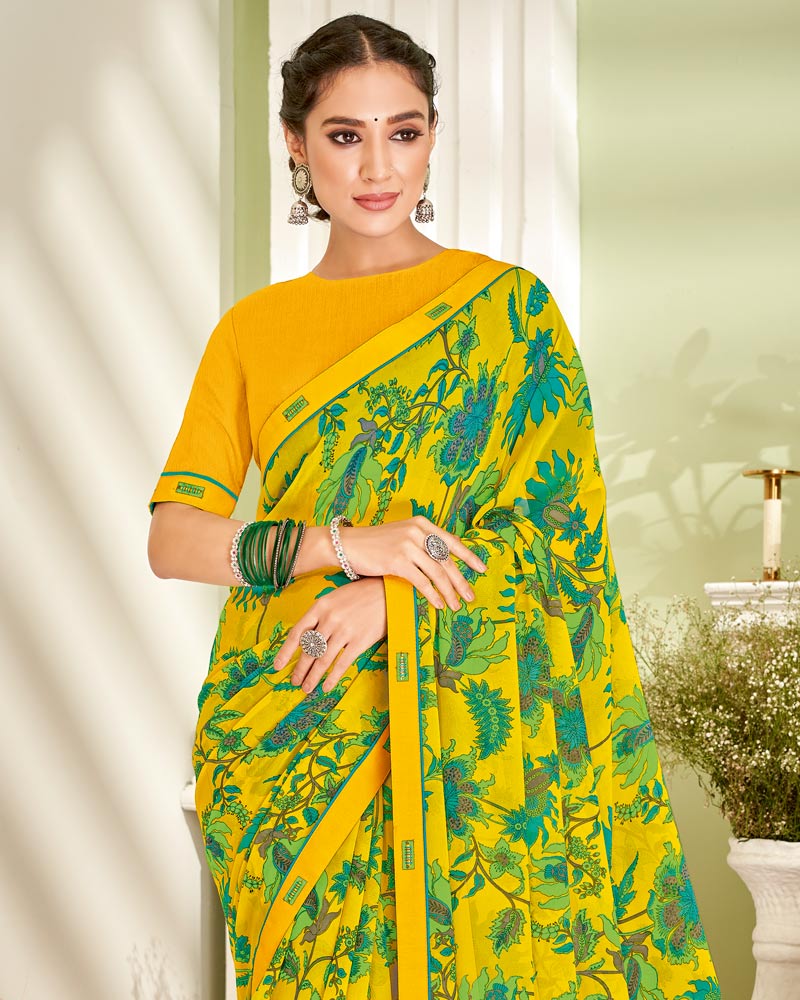 Vishal Prints Yellow Printed Georgette Saree With Fancy Border