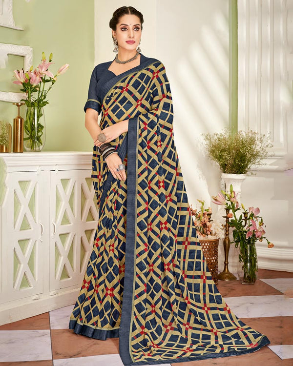 Vishal Prints Dark Navy Blue Printed Georgette Saree With Fancy Border