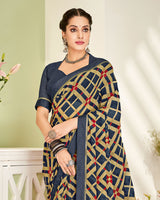 Vishal Prints Dark Navy Blue Printed Georgette Saree With Fancy Border