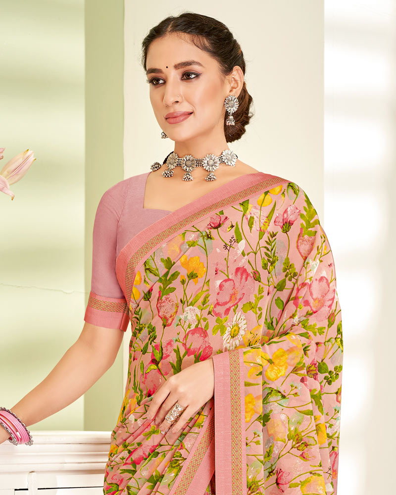 Vishal Prints Peach Printed Georgette Saree With Fancy Border