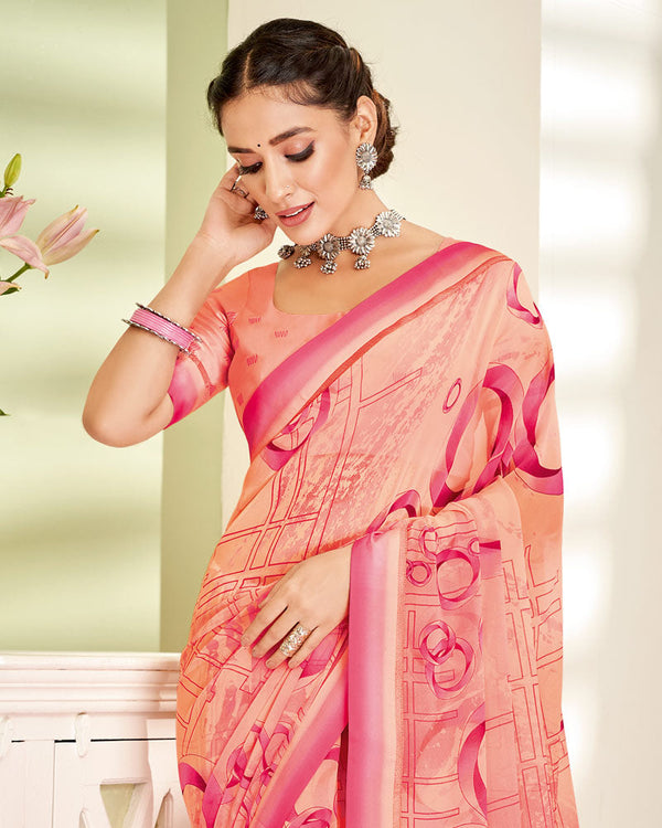 Vishal Prints Coral Pink Printed Georgette Saree With Fancy Border