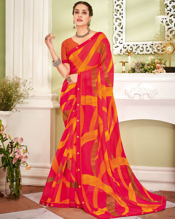 Vishal Prints Red Pink Printed Georgette Saree With Fancy Border