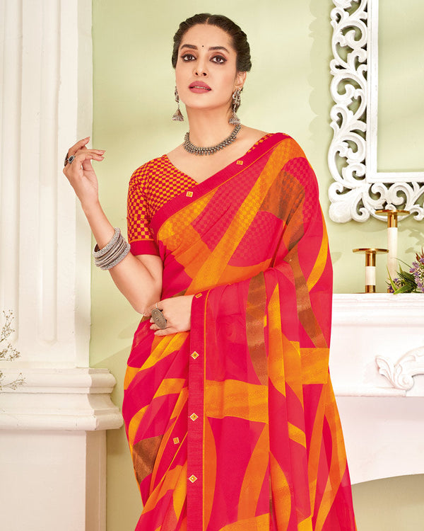 Vishal Prints Red Pink Printed Georgette Saree With Fancy Border