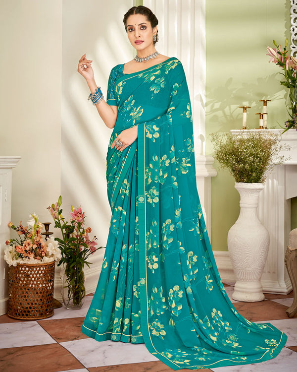 Vishal Prints Teal Blue Printed Georgette Saree With Fancy Border