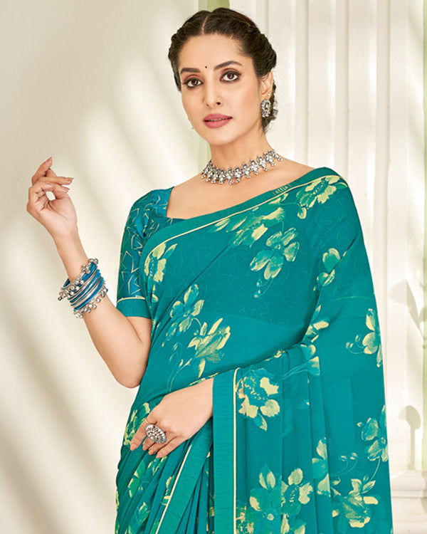 Vishal Prints Teal Blue Printed Georgette Saree With Fancy Border