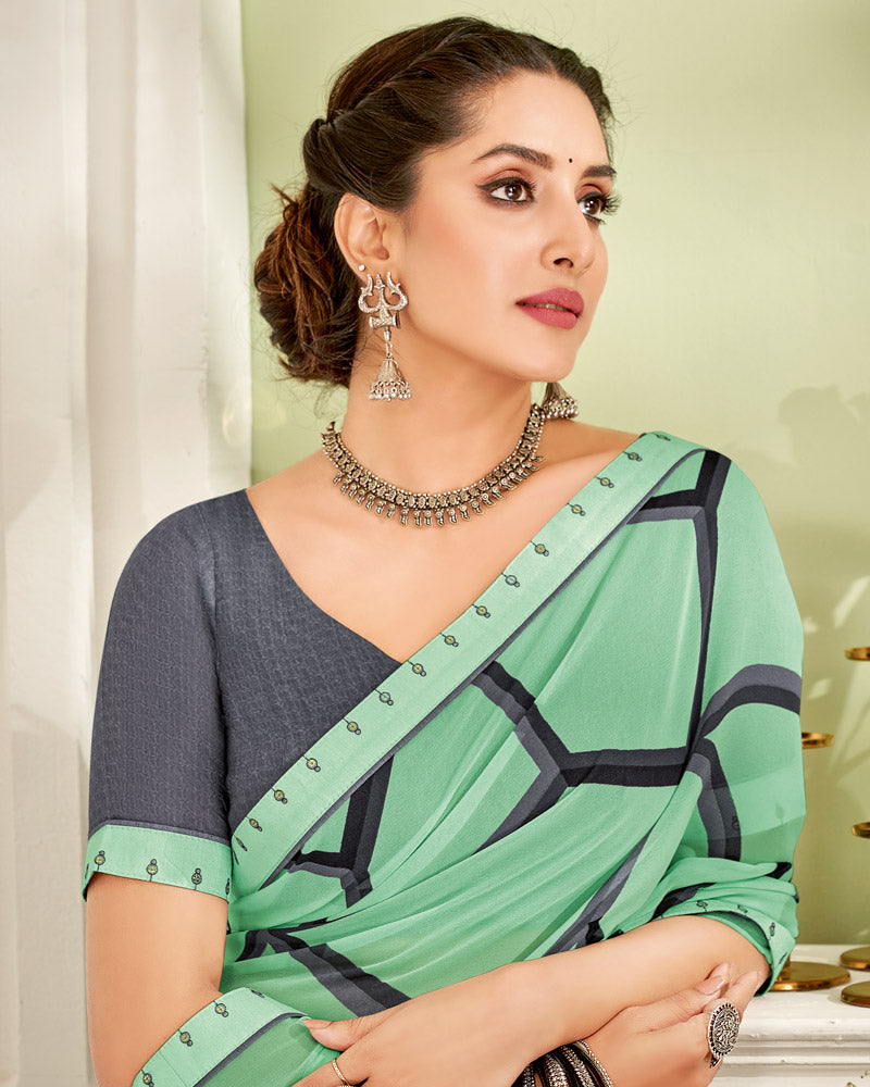 Vishal Prints Light Teal Green Printed Georgette Saree With Fancy Border