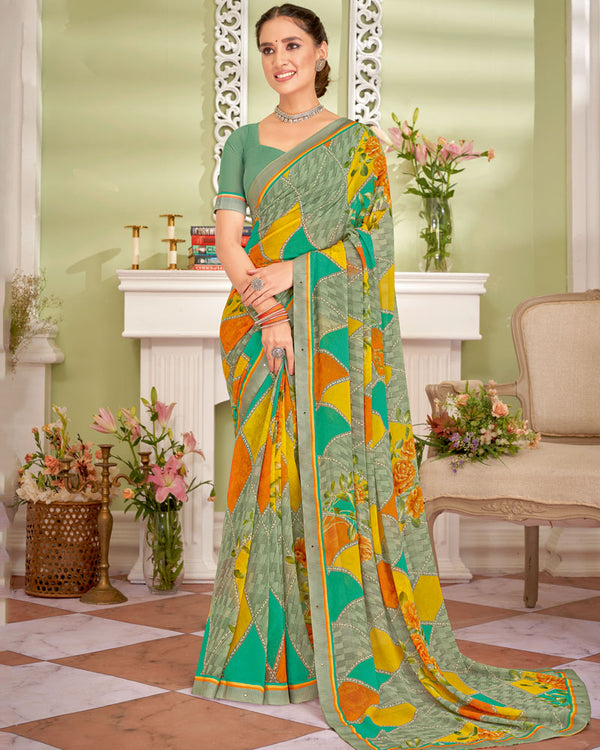 Vishal Prints Aqua Forest Green Printed Georgette Saree With Fancy Border