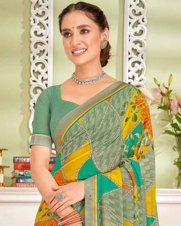 Vishal Prints Aqua Forest Green Printed Georgette Saree With Fancy Border