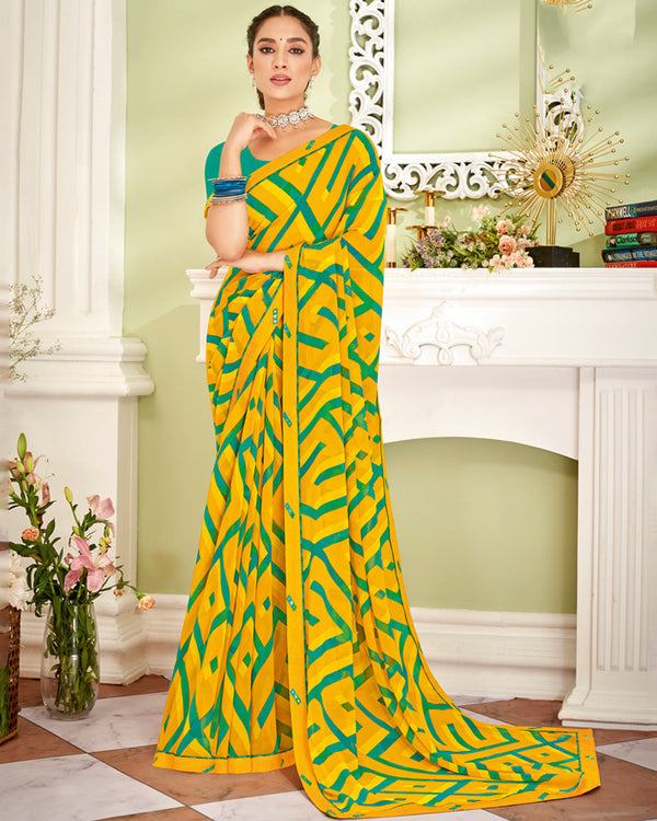 Vishal Prints Dark Yellow Printed Georgette Saree With Fancy Border