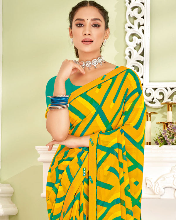 Vishal Prints Dark Yellow Printed Georgette Saree With Fancy Border