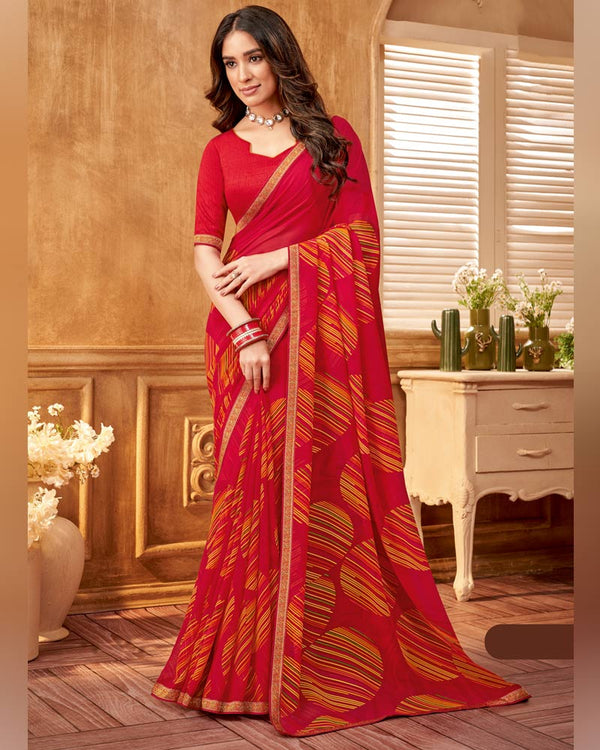 Vishal Prints Cherry Red Printed Georgette Saree With Fancy Border