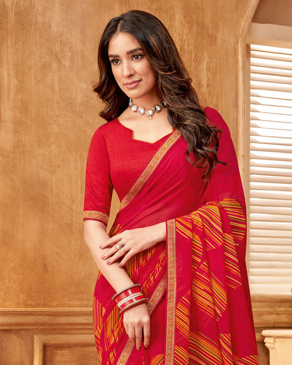 Vishal Prints Cherry Red Printed Georgette Saree With Fancy Border