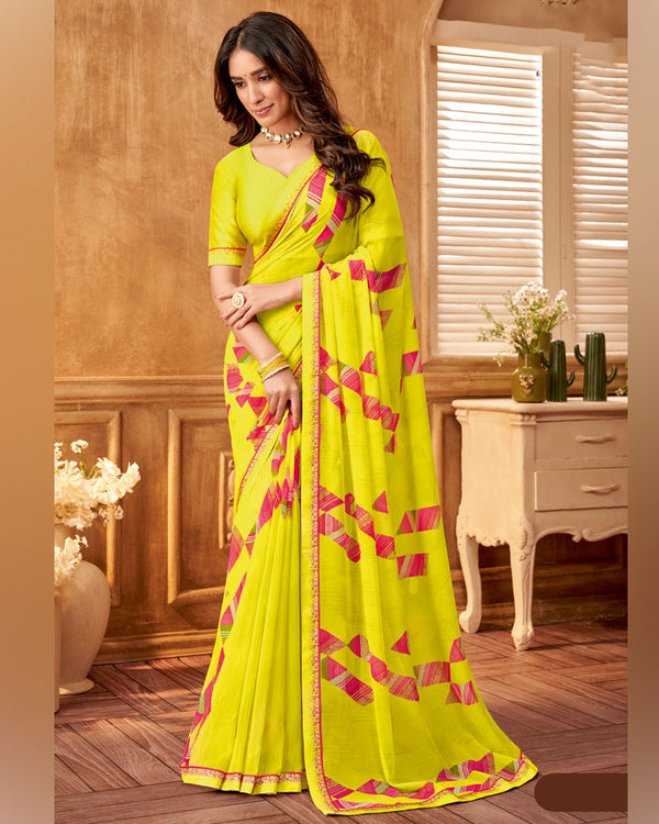 Vishal Prints Lime Yellow Printed Georgette Saree With Fancy Border