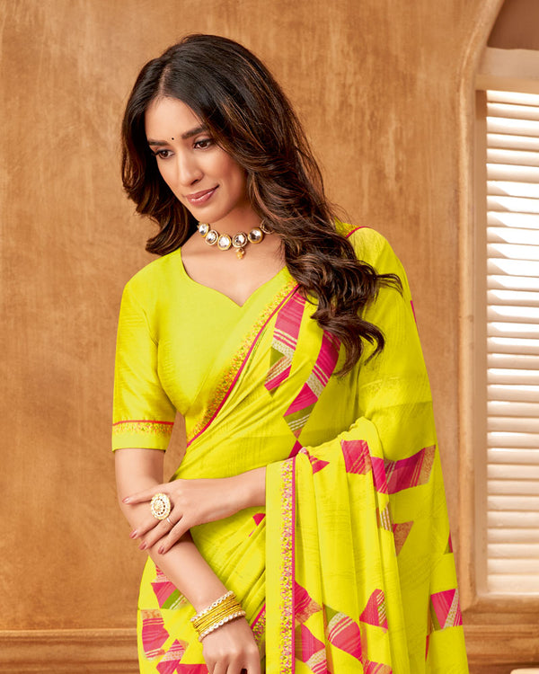 Vishal Prints Lime Yellow Printed Georgette Saree With Fancy Border