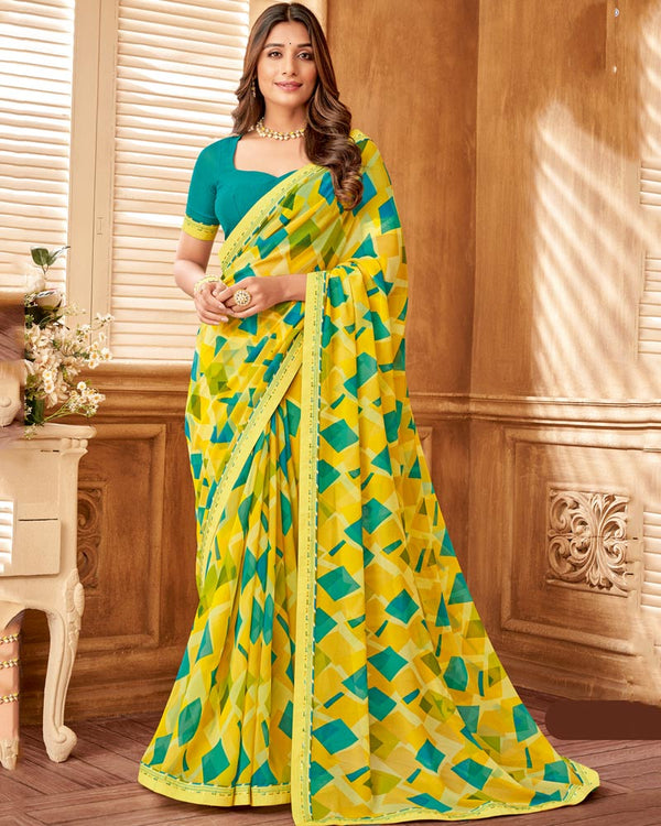 Vishal Prints Light Yellow Printed Georgette Saree With Fancy Border