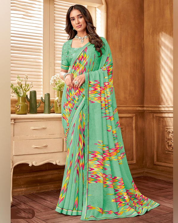 Vishal Prints Light Teal Green Printed Georgette Saree With Fancy Border