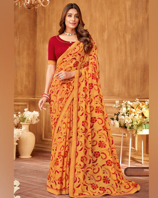 Vishal Prints Pale Orange Printed Georgette Saree With Fancy Border