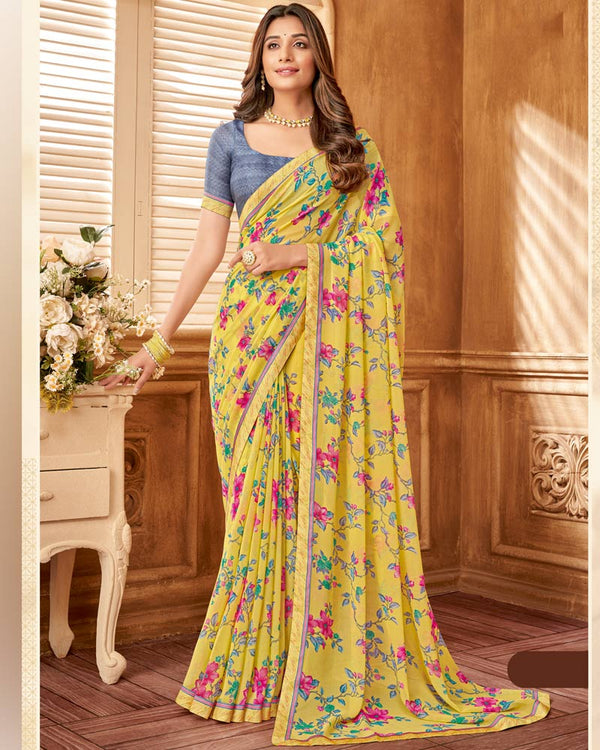 Vishal Prints Light Yellow Printed Georgette Saree With Fancy Border