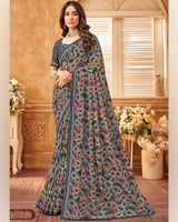 Vishal Prints Slate Grey Printed Georgette Saree With Fancy Border