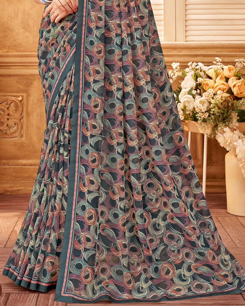 Vishal Prints Slate Grey Printed Georgette Saree With Fancy Border