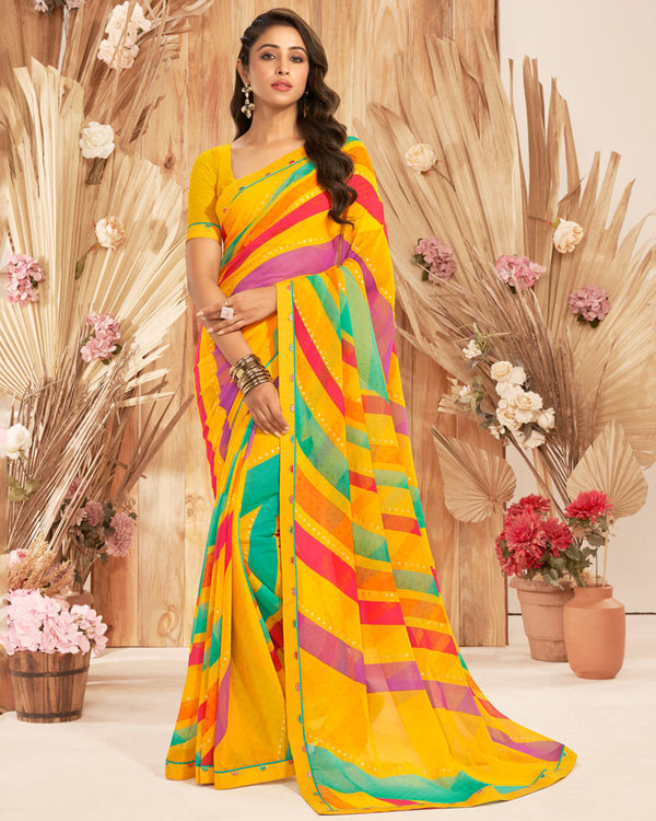 Vishal Prints Dark Yellow Printed Georgette Saree With Foil Print And Fancy Border