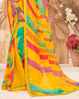 Vishal Prints Dark Yellow Printed Georgette Saree With Foil Print And Fancy Border