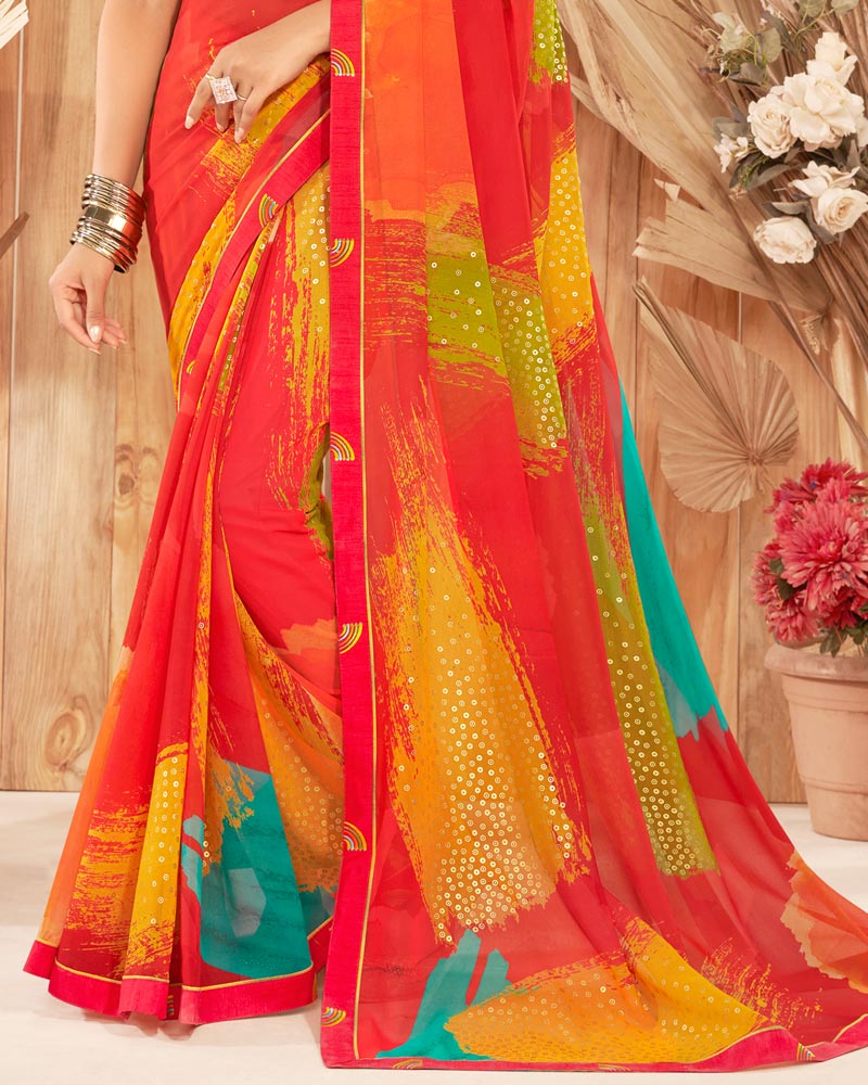 Vishal Prints Red Printed Georgette Saree With Foil Print And Fancy Border