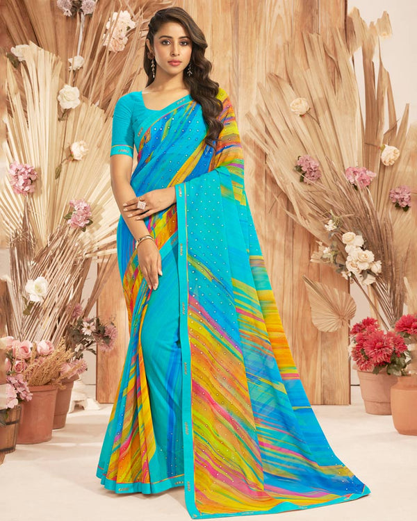 Vishal Prints Dark Turquoise Blue Printed Georgette Saree With Foil Print And Fancy Border