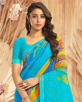 Vishal Prints Dark Turquoise Blue Printed Georgette Saree With Foil Print And Fancy Border