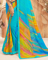 Vishal Prints Dark Turquoise Blue Printed Georgette Saree With Foil Print And Fancy Border