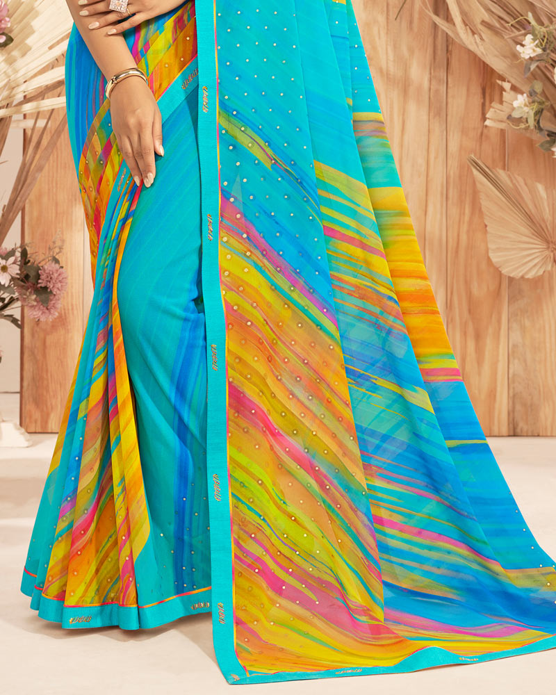 Vishal Prints Dark Turquoise Blue Printed Georgette Saree With Foil Print And Fancy Border