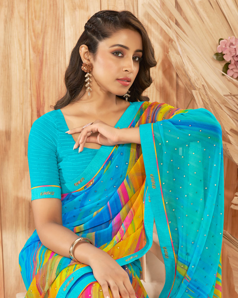 Vishal Prints Dark Turquoise Blue Printed Georgette Saree With Foil Print And Fancy Border