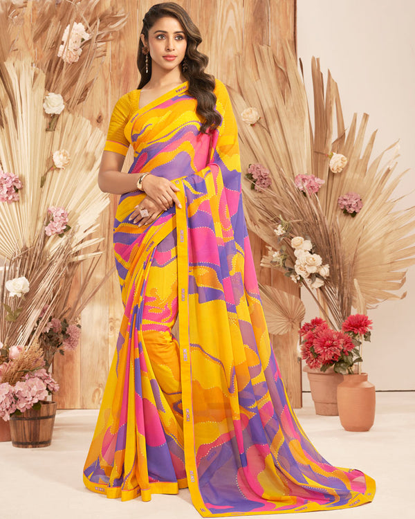 Vishal Prints Golden Yellow Printed Georgette Saree With Foil Print And Fancy Border