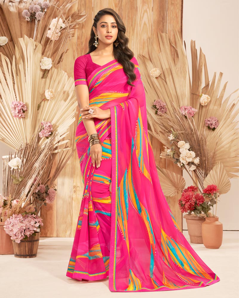 Vishal Prints Hot Pink Printed Georgette Saree With Foil Print And Fancy Border