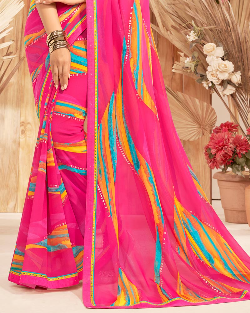 Vishal Prints Hot Pink Printed Georgette Saree With Foil Print And Fancy Border