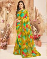 Vishal Prints Dark Olive Green Printed Georgette Saree With Foil Print And Fancy Border