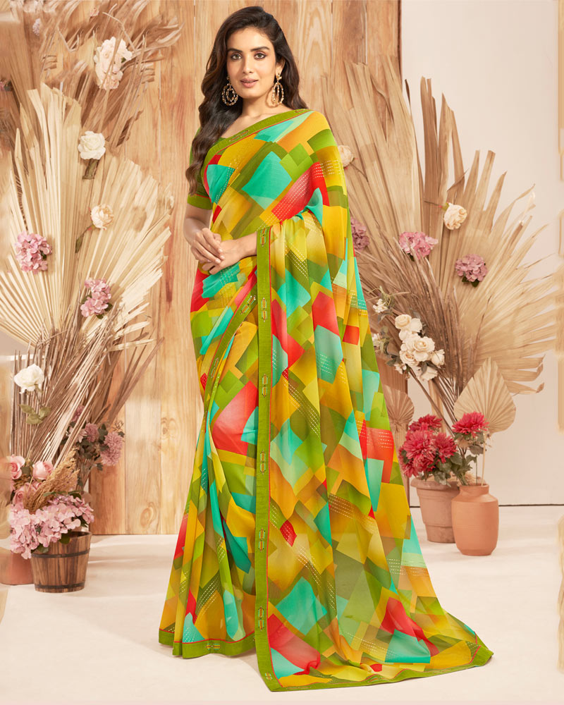 Vishal Prints Dark Olive Green Printed Georgette Saree With Foil Print And Fancy Border