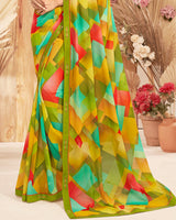 Vishal Prints Dark Olive Green Printed Georgette Saree With Foil Print And Fancy Border