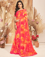 Vishal Prints Coral Red Printed Georgette Saree With Foil Print And Fancy Border