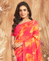 Vishal Prints Coral Red Printed Georgette Saree With Foil Print And Fancy Border