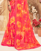 Vishal Prints Coral Red Printed Georgette Saree With Foil Print And Fancy Border