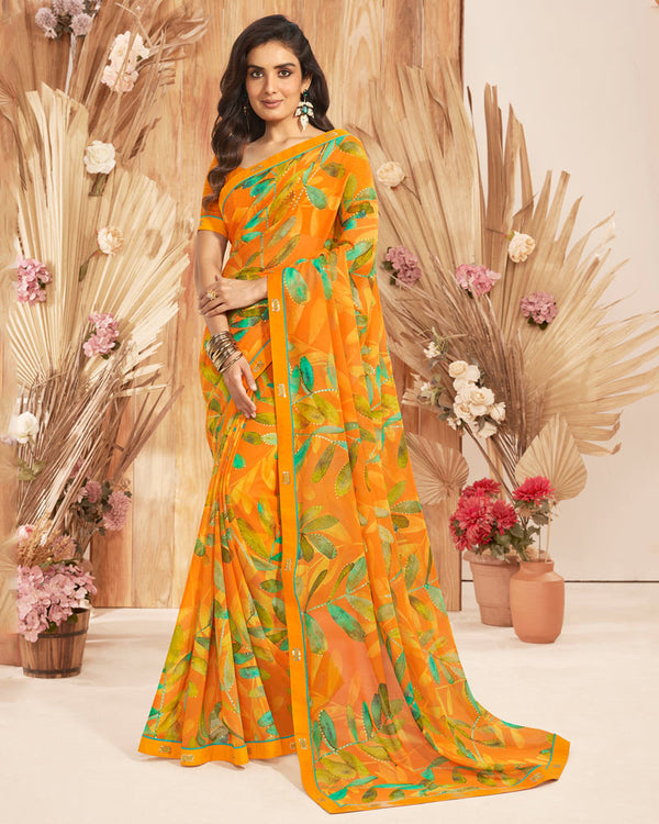 Vishal Prints Yellowish Orange Printed Georgette Saree With Foil Print And Fancy Border