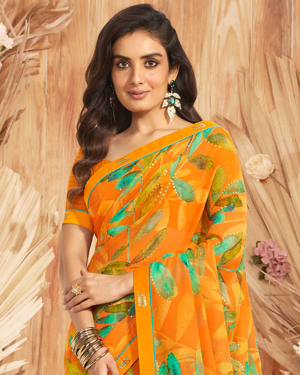 Vishal Prints Yellowish Orange Printed Georgette Saree With Foil Print And Fancy Border