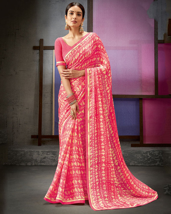 Vishal Prints Cherry Pink Printed Fancy Chiffon Saree With Border