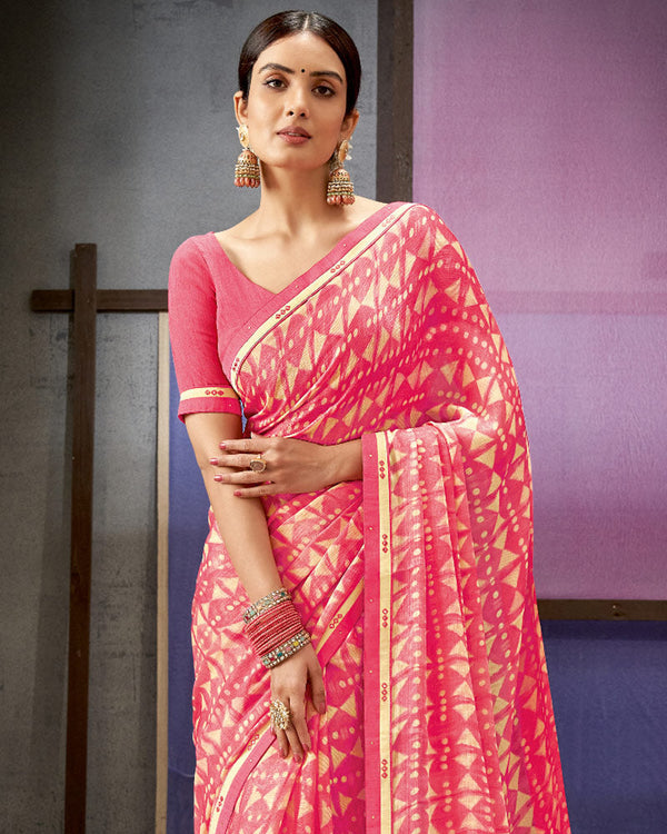 Vishal Prints Cherry Pink Printed Fancy Chiffon Saree With Border