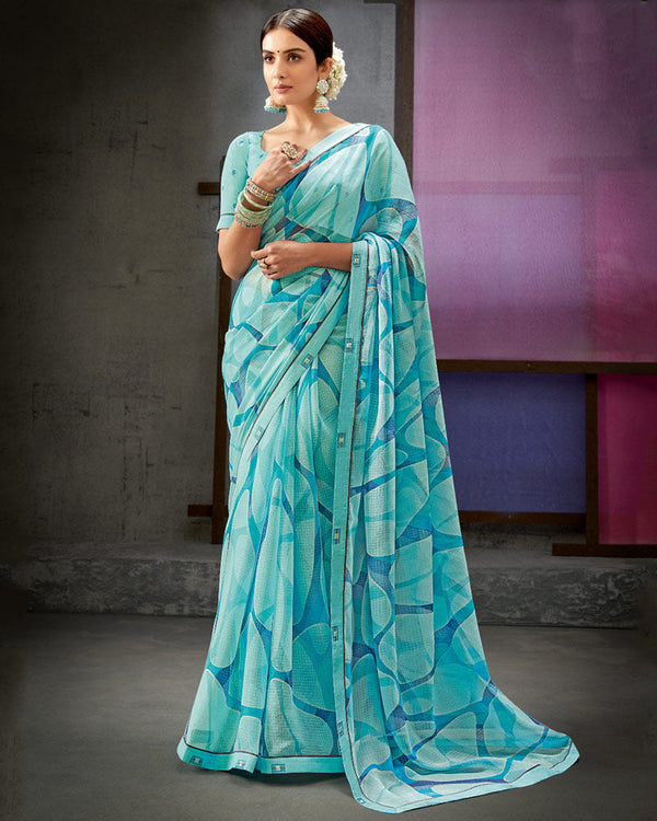 Vishal Prints Pastel Teal Blue Printed Fancy Chiffon Saree With Border