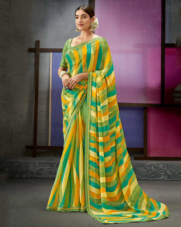 Vishal Prints Olive Green Printed Fancy Chiffon Saree With Border