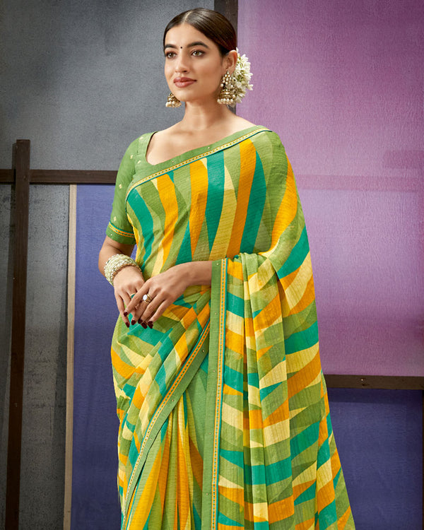 Vishal Prints Olive Green Printed Fancy Chiffon Saree With Border